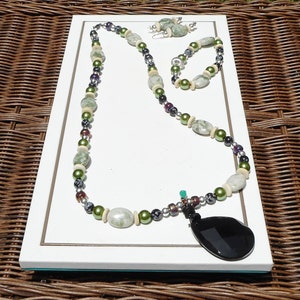 Russian Jasper Beaded Necklace with Black Agate Pendant