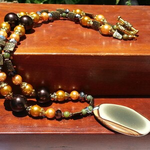 Agate Pendant Necklace: Gold, Copper & Green Beaded Boho Style