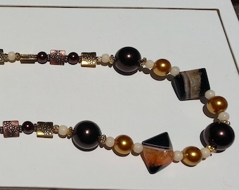 Gold & Copper Beaded Necklace: Onyx Focal, Boho Statement Piece