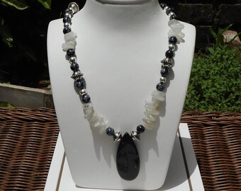 Black Agate Pendant Necklace: Moonstone & Snowflake Obsidian Gemstone Jewelry Set