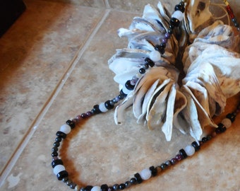 Handmade Beaded Gemstone Necklace: White Jade, Black Spinel & Tourmaline