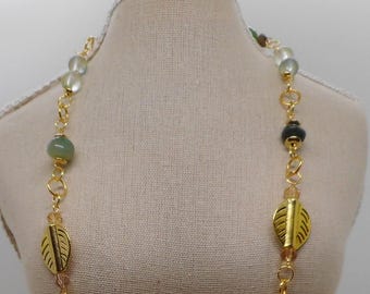 Handmade Green Agate Necklace: Gold Leaf Accents, Frosted Pearls, 22"