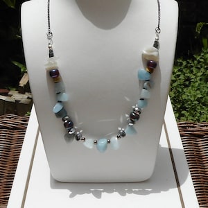 Aquamarine and Moonstone Necklace with chain, Blue and White Necklace, Delicate Necklace, Gift for Her, Gift for Women, Gemstone Necklace