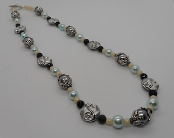Handmade Beaded Necklace: Black Spinel, Blue Glass Pearls, Silver Tone