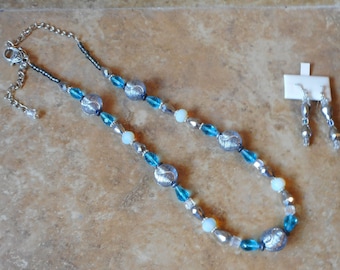 Handmade Blue Beaded Necklace with Silver Earrings
