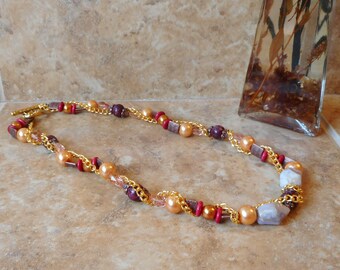 Orange Beaded Necklace: Pink Opal, Red Jade & Gold Chain