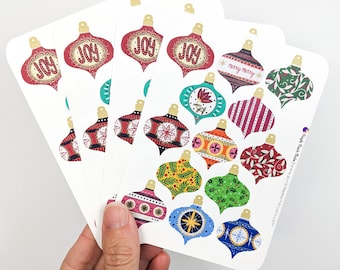 Small Vintage Ornament Stickers | 4- 3.5"x5" Christmas Bauble Sticker Sheets | 52 Holiday Stickers for Card Making Gift