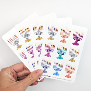 Petits autocollants Menorah | 4 feuilles d'autocollants Hanoucca de 3,5 x 5 po. | 36 autocollants de Noël pour la fabrication de cartes
