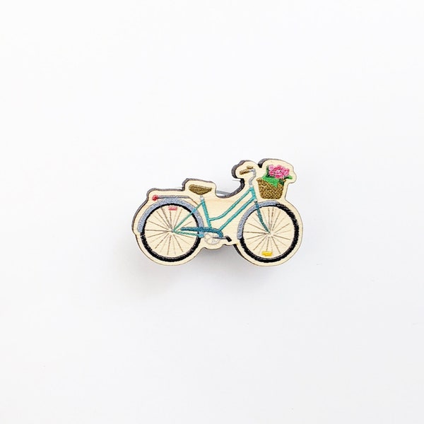 Vintage Teal Bicycle Pin | Eco-Friendly Wooden Badge | Cyclist Biker Bike with Flower Basket Gift