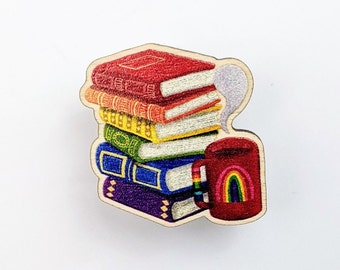 Rainbow Books and Coffee Pin | Eco-Friendly Wooden Badge | Reader Literature Lover Bookworm Teacher Book Club Librarian PhD Student Gift