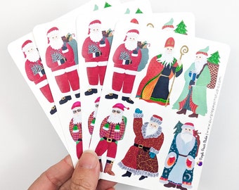 Small Hand-Painted Santa Stickers | 4- 3.5"x5" Vintage-Inspired Father Christmas Sticker Sheets | 24 Christmas Stickers for Card Making Gift