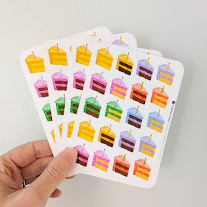 Stickers pastel pour gâteau d'anniversaire | Gâteries sucrées aux bougies | autocollant de tranche de gâteau dessiné à la main | 4 feuilles, 3,5 x 5 po. | Mat, brillant ou amovible