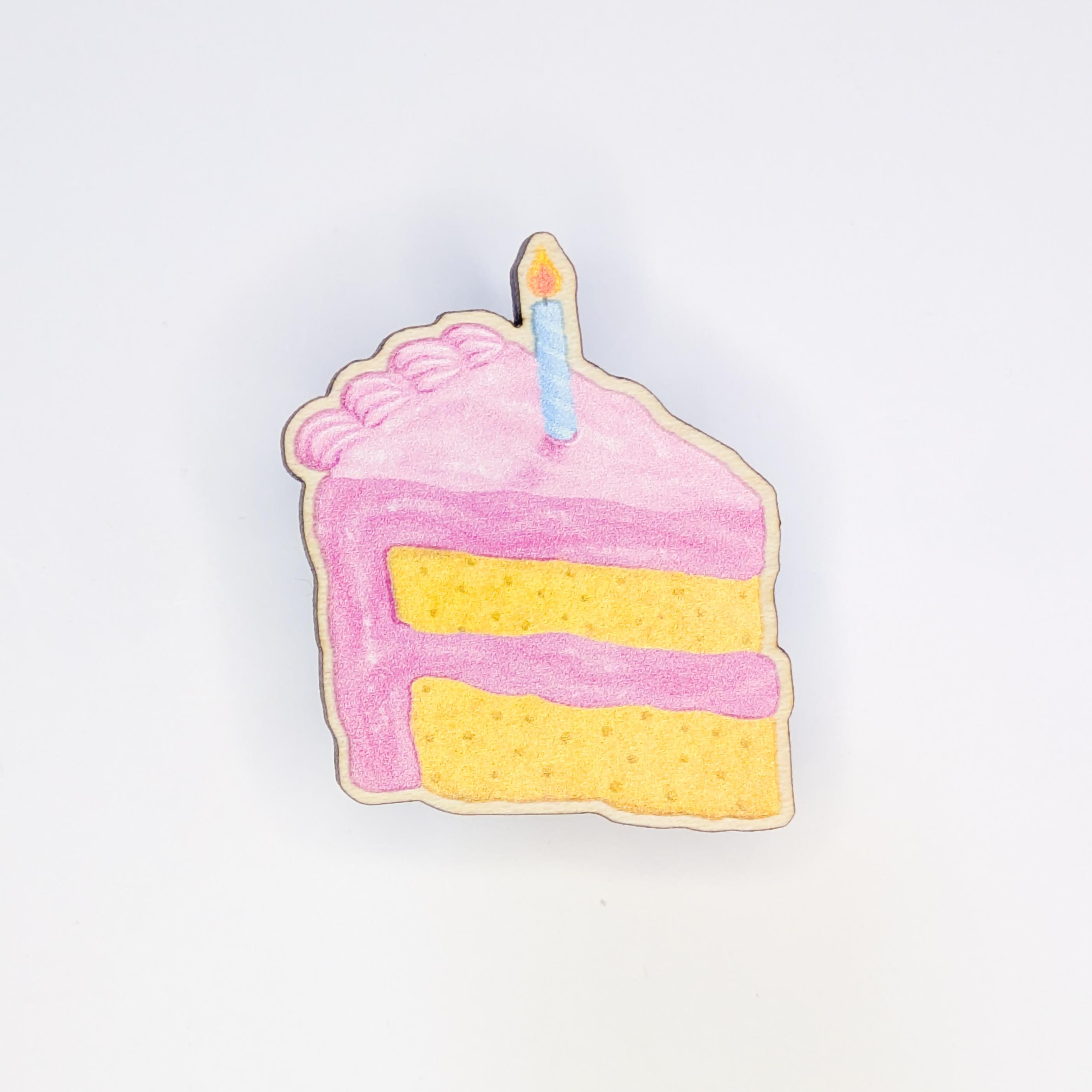 Pink Birthday Cake Pin: Eco-Friendly Birchwood Wooden Badge