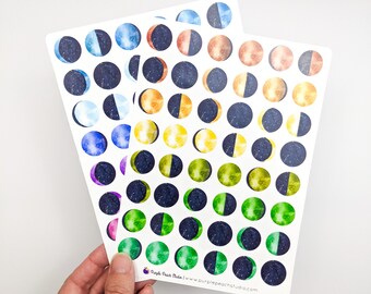 Large Moon Phase Stickers | 2- 5x7" Sheets Watercolor Celestial Stickers | Cute Colorful Space Stickers for Planners Scrapbooking Cards