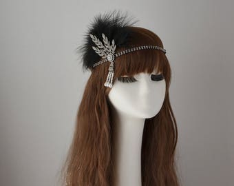 Flapper Headpiece: Rhinestone & Feather