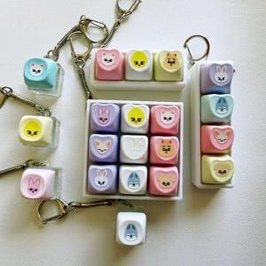 Puede incluir: Una colección de llaveros cúbicos coloridos con varios diseños de caras de animales. Los llaveros son de colores pastel como azul, rosa y amarillo, y están unidos a llaveros plateados.