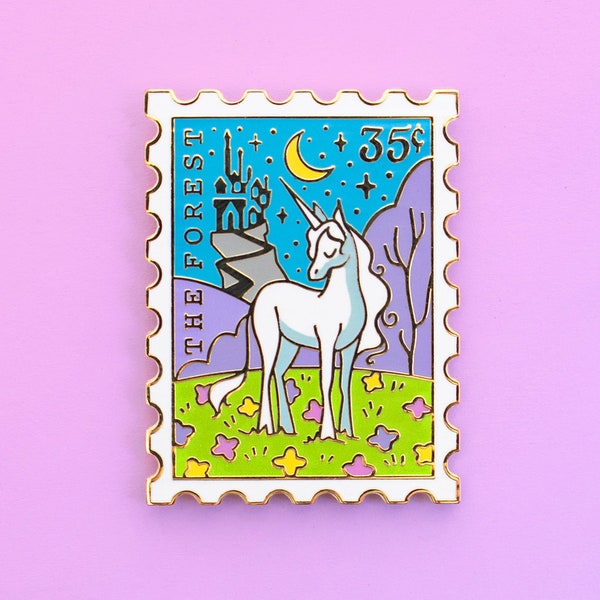 The Forest Enamel Pin - Unicorn Enamel Pin - Magical Pins - Stamp Enamel Pin - Movie Pins  - Fantasy Pin - Postage Stamp Pin - 80s Pin