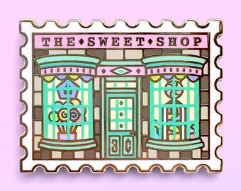 Sweet Shop Stamp Enamel Pin: Gold Metal Lapel Pin