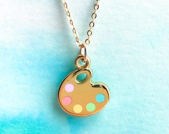 24k Gold Paint Palette Necklace: Pastel Rainbow Charm, Art Lover Gift