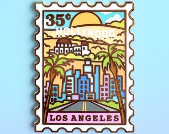 Los Angeles Enamel Pin: California Travel Stamp, Hollywood Souvenir