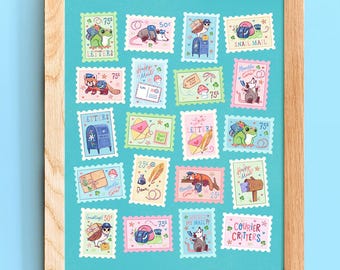 Courier Critters Art Print: Snail Mail - Stamps - Animals - Colorful