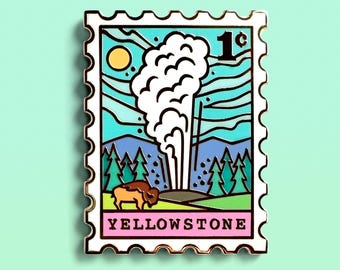 Yellowstone Enamel Pin: Pastel Travel Stamp, Hiker Souvenir
