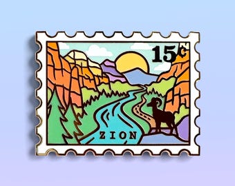 Zion National Park Enamel Pin: Utah Travel Stamp, Gold & Pastel