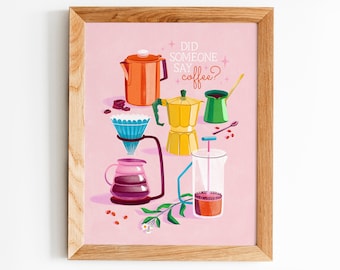 Coffee Art Print: Espresso Brewing Illustration, Colorful Kitchen Decor