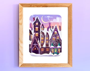 The Village Art Print - Arte de hechicería y brujas - Ilustración de fantasía - Arte mágico - Regalo de libro - Amante de los libros - Ilustración linda