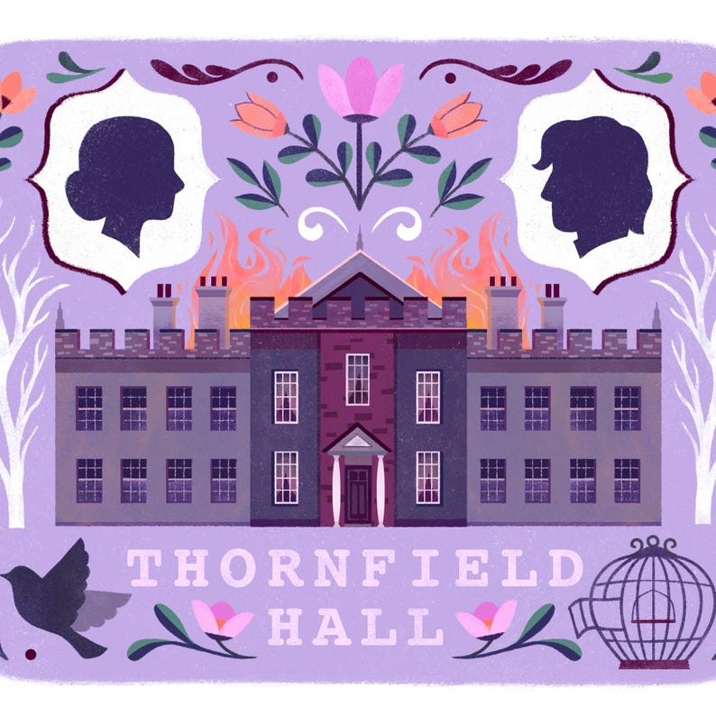 K&ouml;nnte beinhalten: Eine lila und wei&szlig;e Illustration von Thornfield Hall, einem gro&szlig;en Haus mit einem Feuer auf dem Dach. Das Haus ist von Blumen und einem Vogel umgeben. Der Text "Thornfield Hall" steht unter dem Haus.