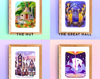 May include: Four framed illustrations of scenes from the Harry Potter universe. The first image shows a small, round hut with a thatched roof, surrounded by pumpkins. The second image shows the interior of a grand hall with a vaulted ceiling and many candles. The third image shows a snowy village with a crescent moon in the sky. The fourth image shows a castle with a large, open book in front of it.