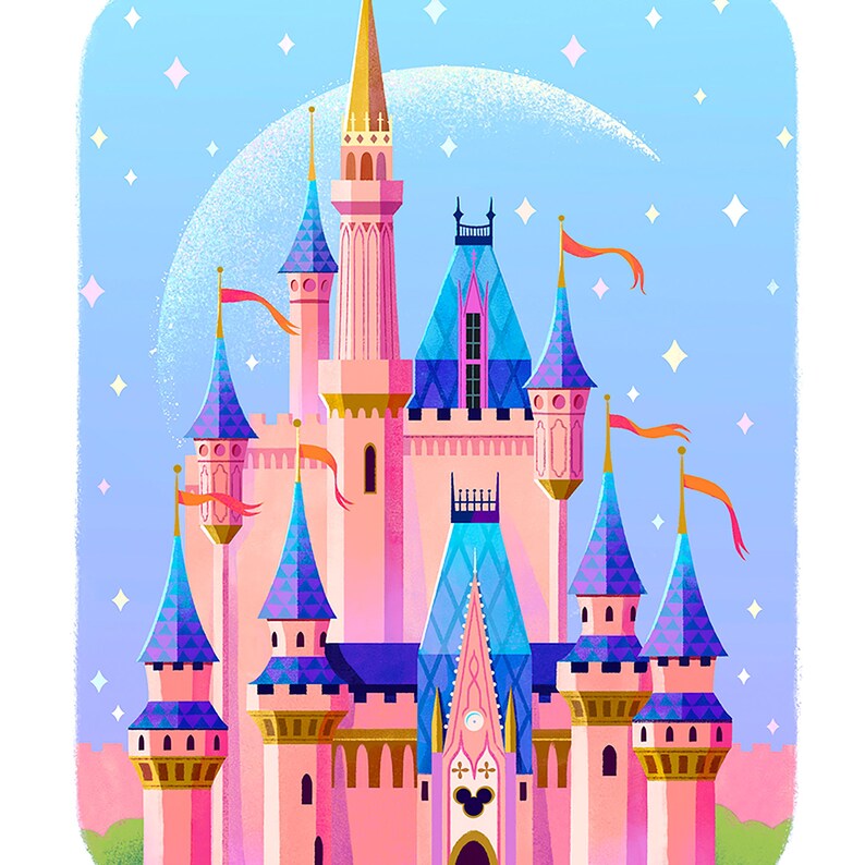 May include: A pink and blue castle with multiple towers and spires, set against a light blue sky with white stars. The castle has a clock tower with Mickey Mouse ears and a golden dome.