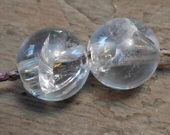 Hand Carved Rock Crystal Quartz Beads. 2 Beads.