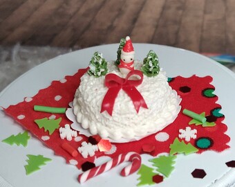White Snowman Christmas Cake, Miniatures, Fairy Garden, Dollhouse, Fairy, White Christmas, Red Bow,  Green Christmas Trees,  Cake,