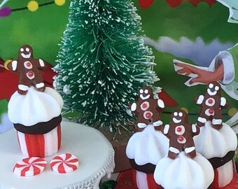 Adorable Gingerbread Man Cupcakes, Fairy Garden, Miniature, Brown, White Red, Christmas, Dollhouse, Red Striped, Peppermint Candy, Frosting