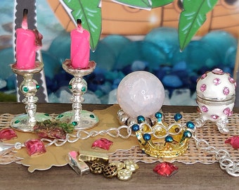 NEW! Elegant Pirate Treasures, Gold Blue Crown, Fairy Garden, Miniature, Dollhouse, Silver Candlesticks, White Enamel Egg, Silver Bar, Gold