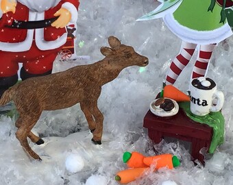 Sweet Deer Looking For Christmas Treats, Fairy Garden, Dollhouse, Carrots, Santa Mug, Orange, Cookies, Brown, Deer, Fairy Food, Standing