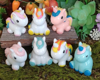 Adorable Cuddly Unicorns, Dollhouse, Fairy Garden, White Unicorns, Miniature, Rainbow, Pink, Blue, Yellow, Sitting, Standing, Cute