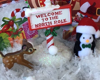 Welcome to the North Pole with and adorable Penguin and  Sweet Deer, Fairy Garden, Dollhouse, Sign, Miniature, Red, Snowballs, Santa Hat,