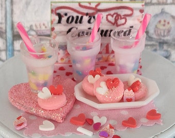 New! Amazing 2-Heart Cookies Or 1- Unicorn Milkshake, Our Both, Miniature, Unicorn Milkshake, Dollhouse Decoration, Magical, Fairy Garden