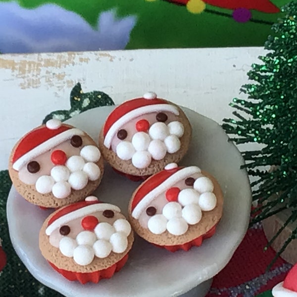 Santa Cookies, Santa Hat, Tiny Santa, Green Sparkly Christmas Tree, Candy Canes, Sant Cupcakes, White Ceramic Cake Stand, Miniature