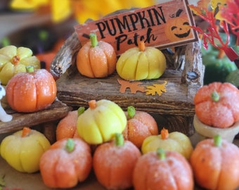 Citrouilles pour l’automne, Citrouilles jaunes, Citrouilles oranges, Maison de poupée, Jardin de fées, Miniature, Citrouilles étincelantes, Citrouilles d’Halloween, Automne