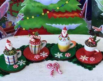 Amazing Ceramic Christmas Mugs, Miniature, Santa, Snowman, Dollhouse, Fairy Garden, red, Green Candy Cane, Peppermint Candy, Plaid Mugs