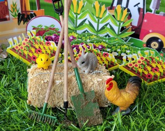 Farmer Jonathan Farm Scene, Hay, Rooster, Garden Tools, Bunny, Chick, Hay, Tools with Dirt, Rack, Shovel, Hoe, Fairy Garden, Dollhouse,