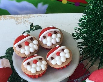 Santa Cookies, Santa Hat, Tiny Santa, Green Sparkly Christmas Tree, Candy Canes, Sant Cupcakes, White Ceramic Cake Stand, Miniature