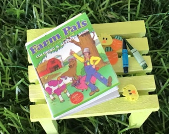 Adorable Farm Coloring Book With Crayons, Green Crayon, Blue Crayon, Fairy Garden, Dollhouse, Miniature, Carrots, Chicks, Fairy Coloring