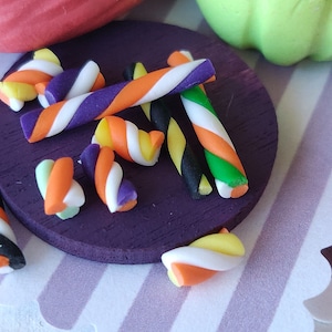 Halloween Stripe Candies, Fairy Garden Candies, Dollhouse Goodies, Miniature Candy, Colorful Candies, Halloween Goodies, Purple Wood