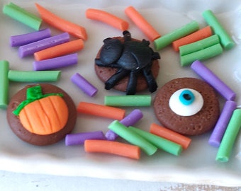 Halloween Cookies, Fairy Food, Miniature Halloween Cookies, Pumpkin Cookie, Spider Cookie, Candy Stick, Dollhouse Food, Yummy Cookies