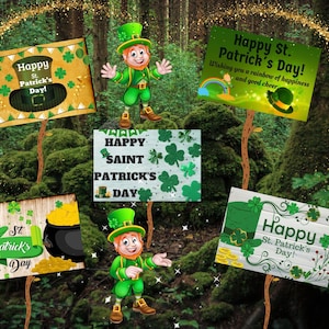 May include: A festive St. Patrick's Day themed image featuring signs with holiday greetings and shamrocks. The signs are held by wooden sticks and set against a forest backdrop. The image includes a leprechaun character and a pot of gold.