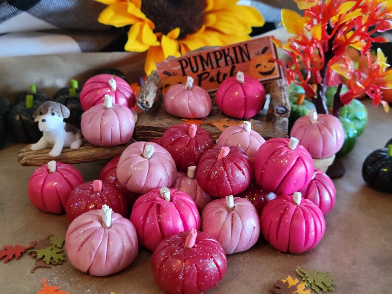3 Pink Pumpkins, Dollhouse, Fairy Garden, Miniature, Fall, Halloween, Hot Pink Pumpkins, White Stems, Pink Stems, Clay Pumpkins, Fall Garden image 3